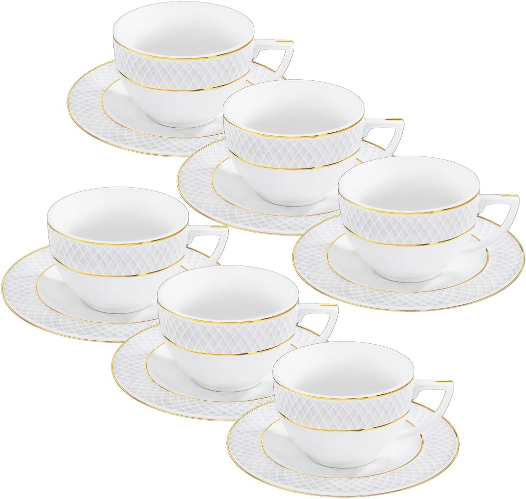 Wilmax Tasse mit Untertasse 240 ml 6er-Set Weiß mit goldfarbenem Dekor aus Porzellan