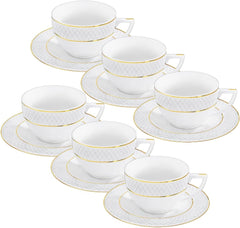 Wilmax tea cups &amp; saucers set with gold rim, 240 ml, set of 6 – WL-880102404/AB6