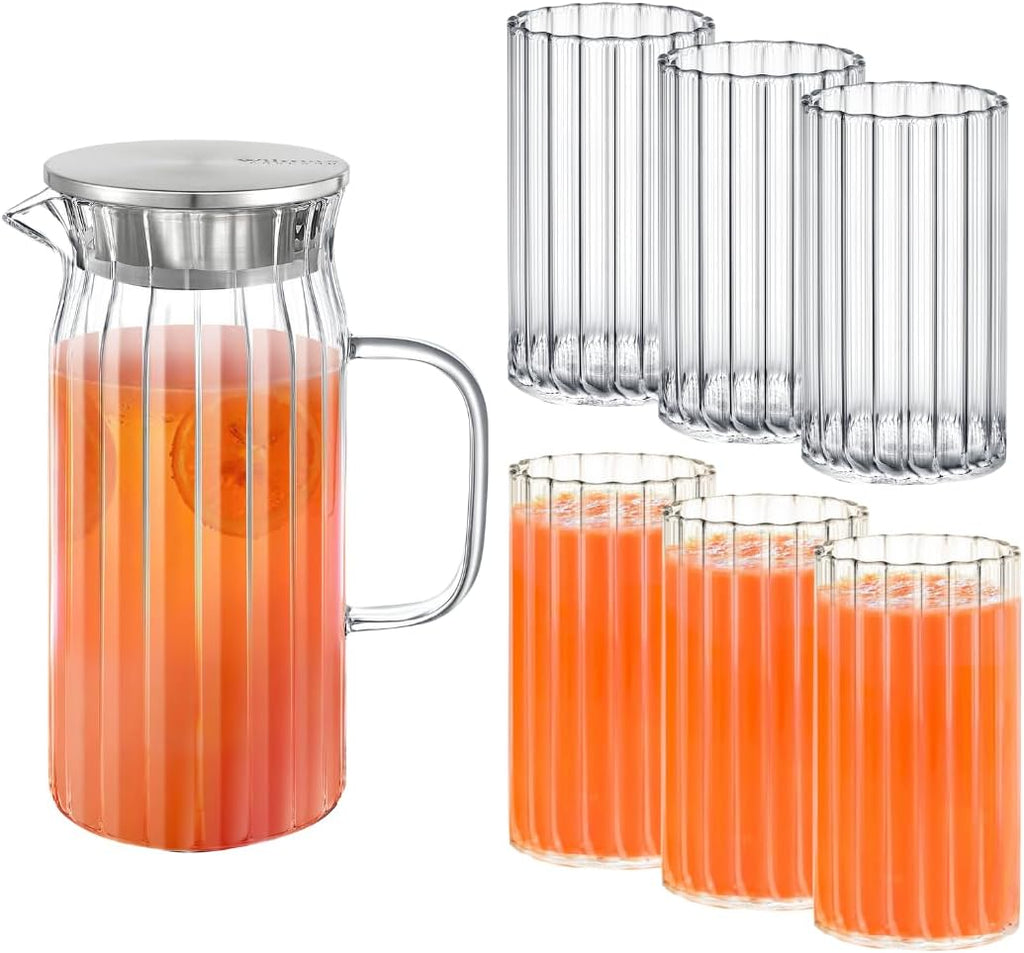 Wilmax Getränkeset 7-teilig mit Krug 1000 ml und 6 geriffelten Gläsern 250 ml
