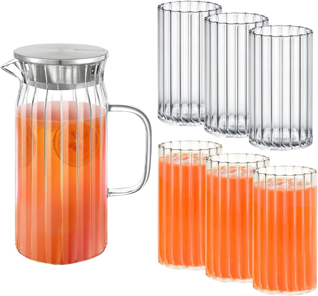 Wilmax Getränkeset 7-teilig mit Krug 1000 ml und 6 geriffelten Gläsern 250 ml