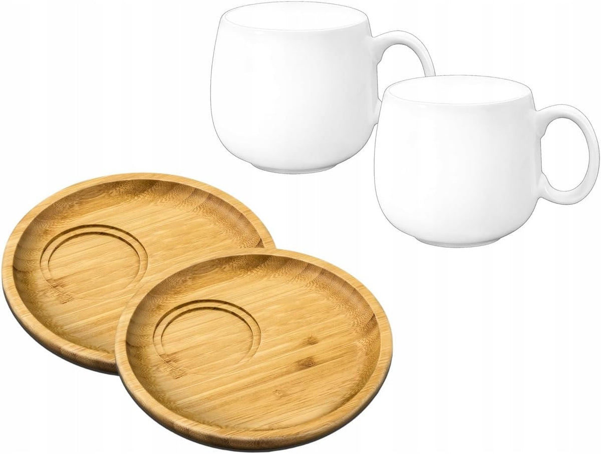 Wilmax Servierset 4-teilig mit Bambustellern 17,5 cm und Porzellanbechern 400 ml