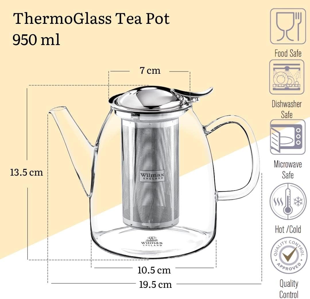 Wilmax | Teekanne Glas mit Siebeinsatz 950 ML | Tea pot | Kanne mit Edelstahl Deckel | Glaskanne für Teeblumen | Teezubereiter für losen Tee | Spülmaschinenfest | Hitzebeständig