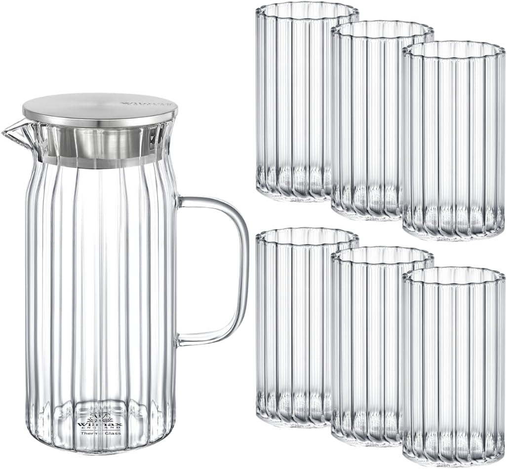 Wilmax Getränkeset 7-teilig mit Krug 1000 ml und 6 geriffelten Gläsern 250 ml