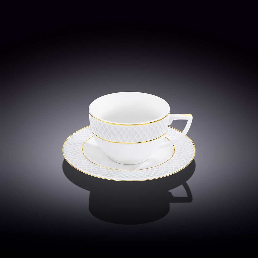 Wilmax Teetasse mit Untertasse 240 ml Weiß Goldrand Porzellan 6er Set WL-880102404/AB6