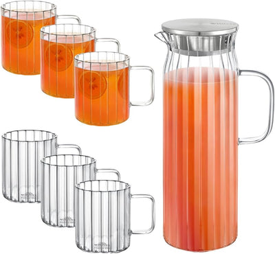 Wilmax Getränkeset 7-teilig mit Krug 1500 ml mit Edelstahldeckel und 6 hitzebeständige Glasbecher mit Henkel 400 ml aus Glas