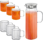 Wilmax Getränkeset 7-teilig mit Krug 1500 ml mit Edelstahldeckel und 6 hitzebeständige Glasbecher mit Henkel 400 ml aus Glas