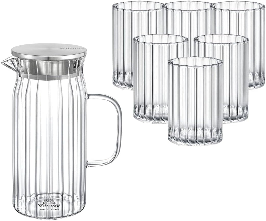 Wilmax Getränkeset 7-teilig mit Krug 1000 ml mit Edelstahldeckel und 6 geriffelte Gläser 200 ml