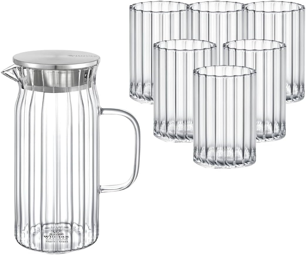 Wilmax Getränkeset 7-teilig mit Krug 1000 ml mit Edelstahldeckel und 6 geriffelte Gläser 200 ml