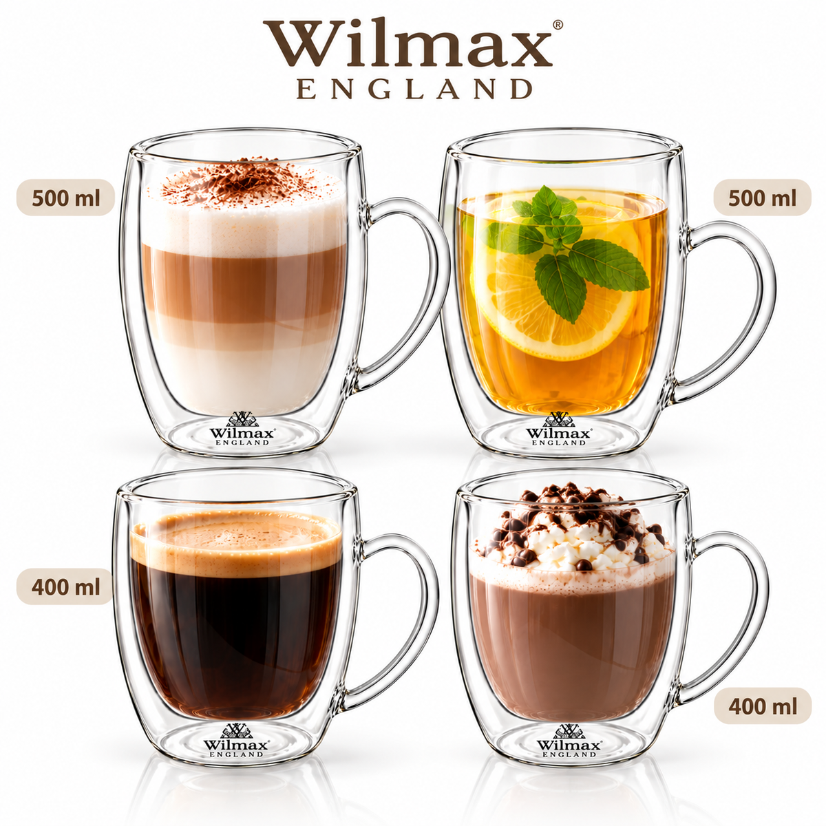 Wilmax Doppelwandiger Becher 4er-Set (2x 400 ml / 2x 500 ml) Transparent