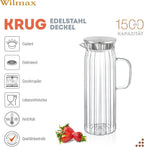 Wilmax Getränkeset 7-teilig mit Krug 1500 ml mit Edelstahldeckel und 6 hitzebeständige Glasbecher mit Henkel 400 ml aus Glas