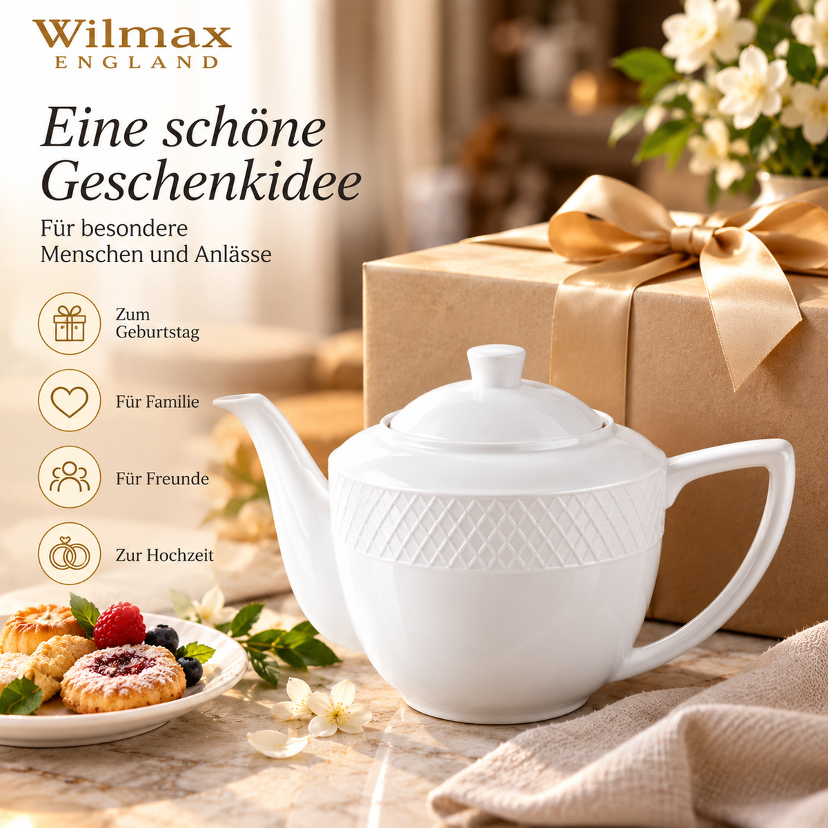 Wilmax Kaffee- und Teekanne mit integriertem Ausgusssieb mit integriertem Ausgusssieb 900 ml Weiß aus Porzellan