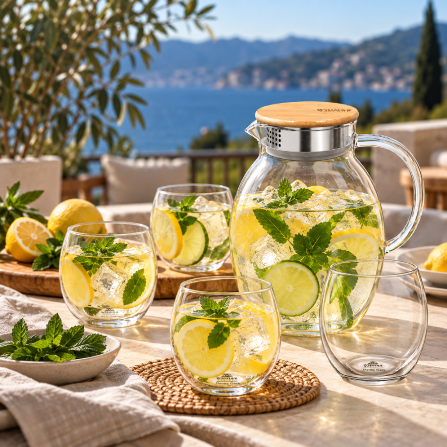 Wilmax Getränkeset 7-teilig mit Krug 2400 ml mit Bambusdeckel und Filter und 6 Thermogläser 530 ml
