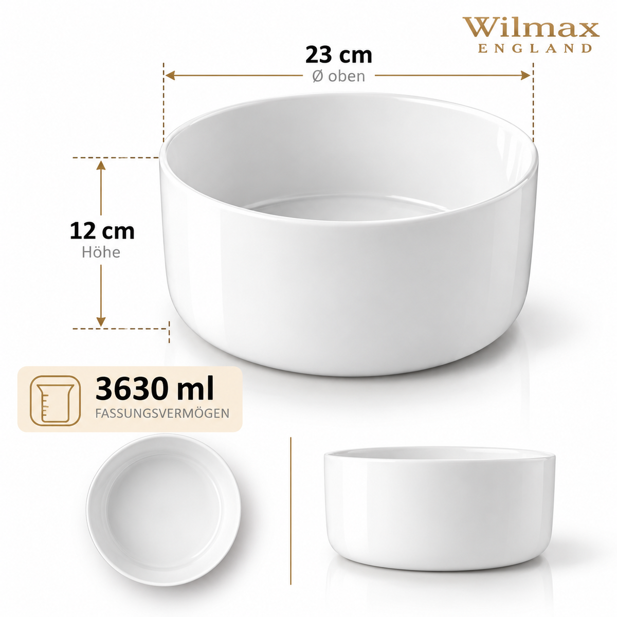 Wilmax Schale 23 cm 3630 ml Weiß aus Porzellan