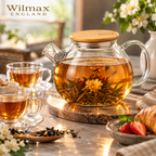 Wilmax Teekanne 1500 ml mit Federfilter und Bambusdeckel Transparent aus Thermoglas