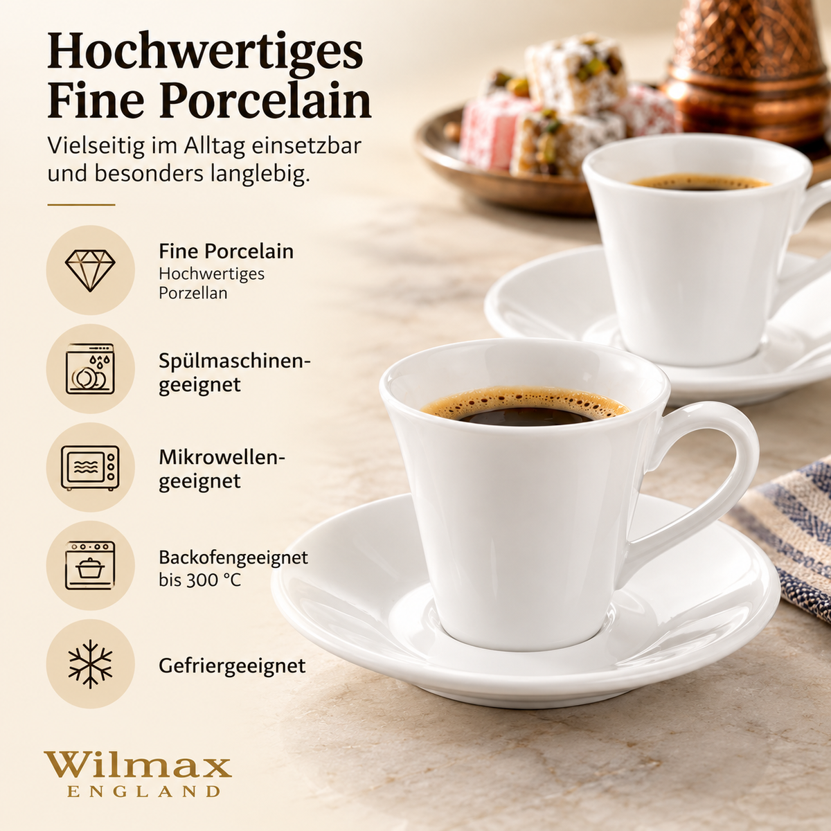 Wilmax Kaffeetassen mit Untertassen 160 ml 2er-Set Weiß aus Porzellan