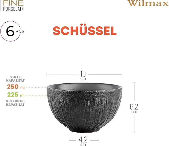 Wilmax Schale 250 ml 6er-Set Schwarz aus Porzellan