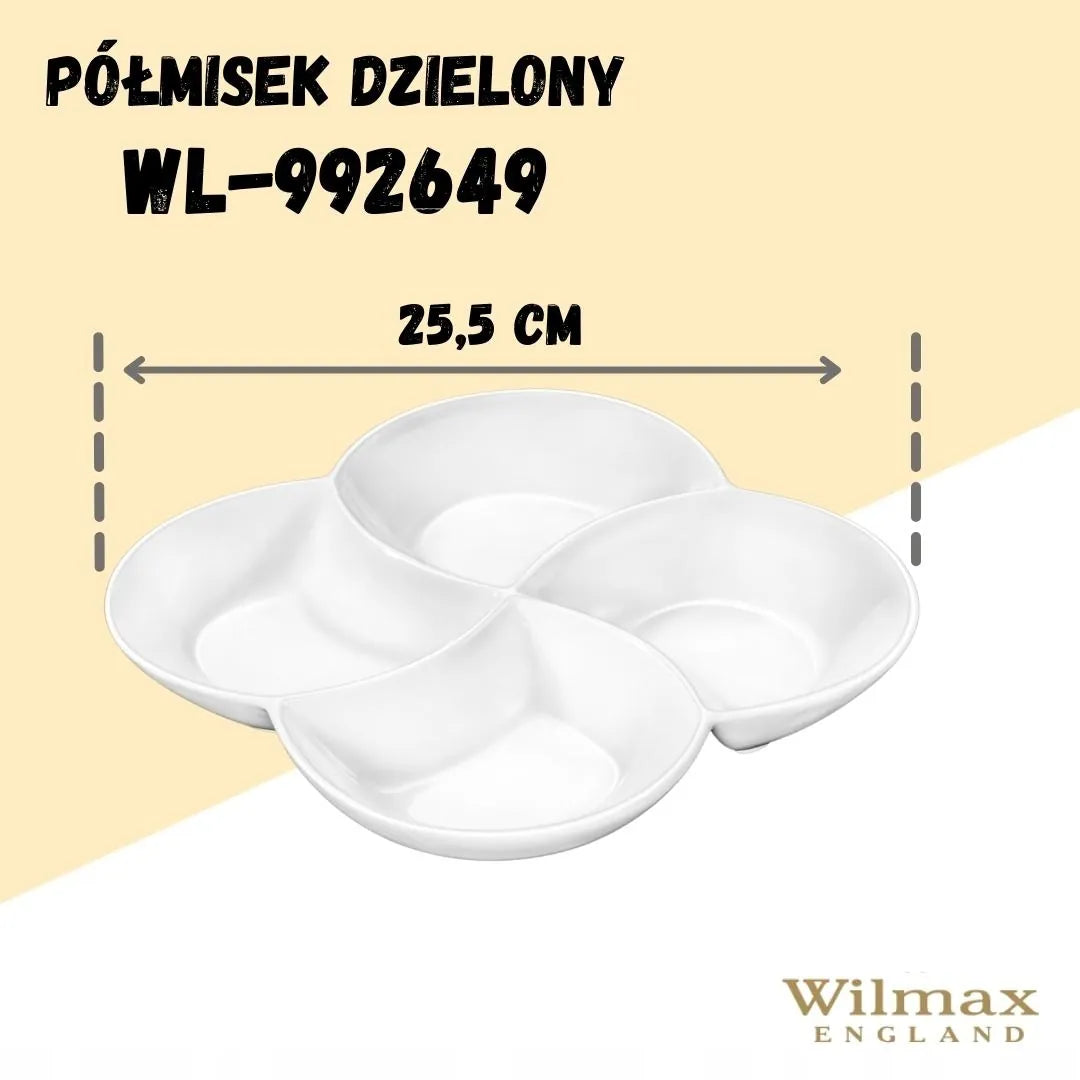 Wilmax Geteilter Servierteller 22 × 22 cm mit 4 Fächern Weiß aus Porzellan