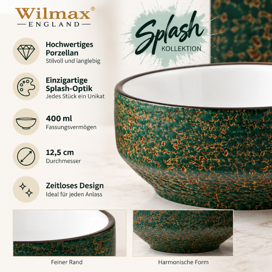 Wilmax Schale 400 ml 12,5 cm 2er-Set Grün aus Porzellan