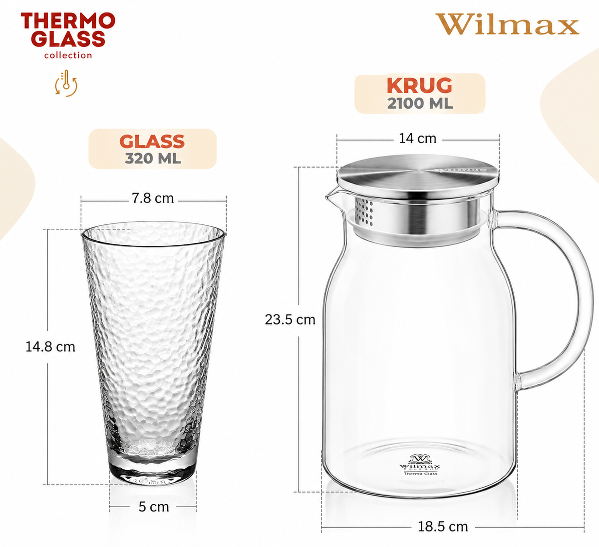 Wilmax Getränkeset 7-teilig mit Krug 2100 ml mit Edelstahldeckel und Filter und 6 gehämmerte Gläser 320 ml