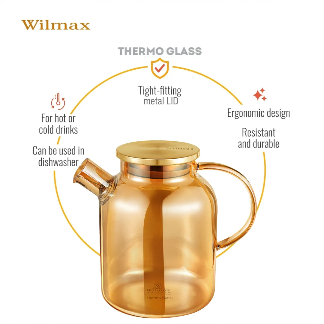 Wilmax Teekanne 1600 ml mit Federfilter und mit Edelstahldeckel Gold aus Thermoglas