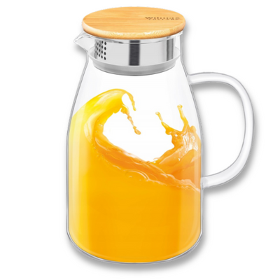 Wilmax Krug 1500 ml mit Bambusdeckel und Filter Transparent aus Thermoglas