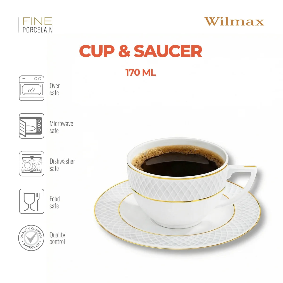 Wilmax Kaffeetasse mit Untertasse 90 ml 6er-Set Weiß mit goldfarbenem Dekor aus Porzellan