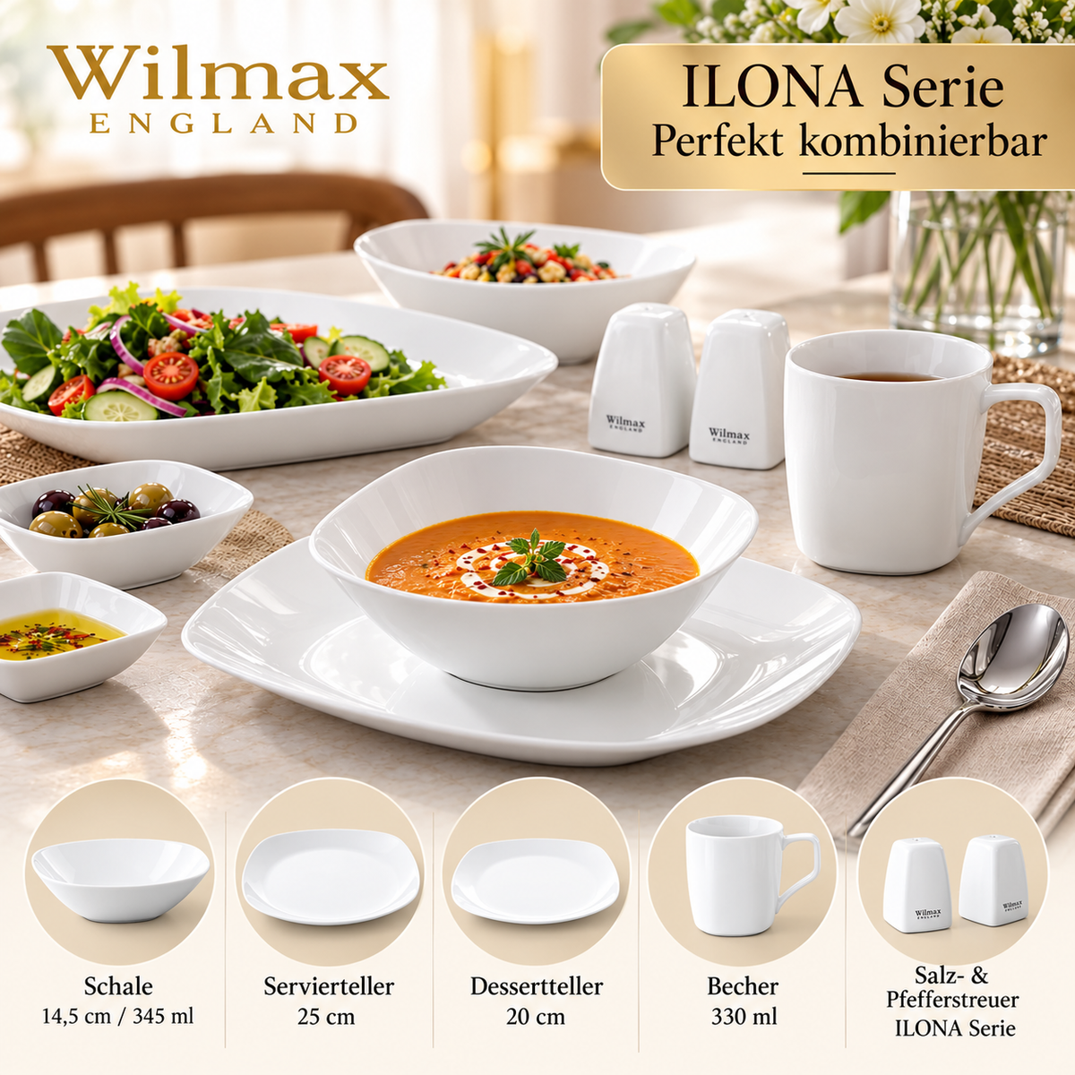 Wilmax Schale 650 ml 16,5 × 16,5 cm Weiß aus Porzellan