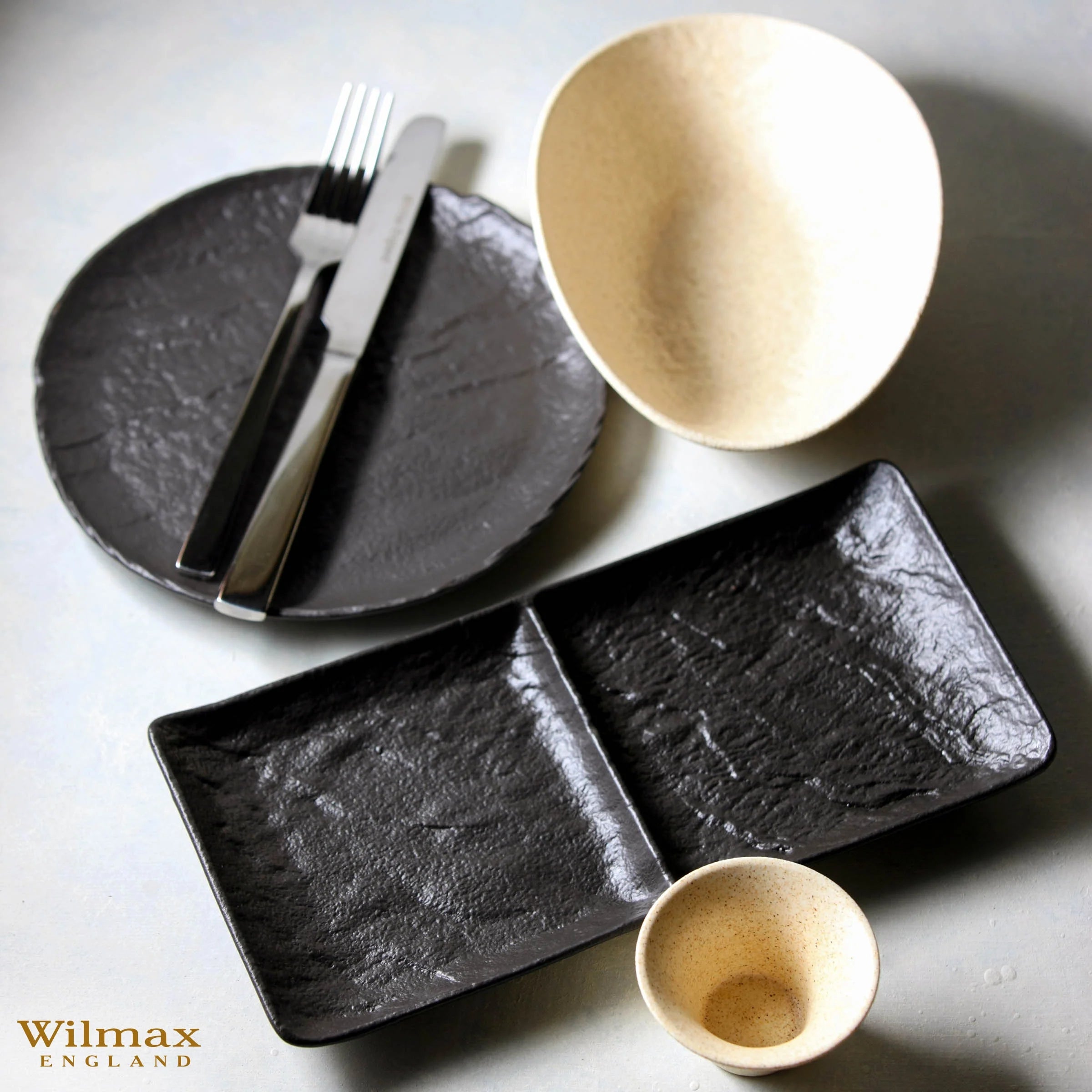 Wilmax Rechteckiger Teller mit 2 Fächern 27 × 13 cm Schwarz aus Porzellan