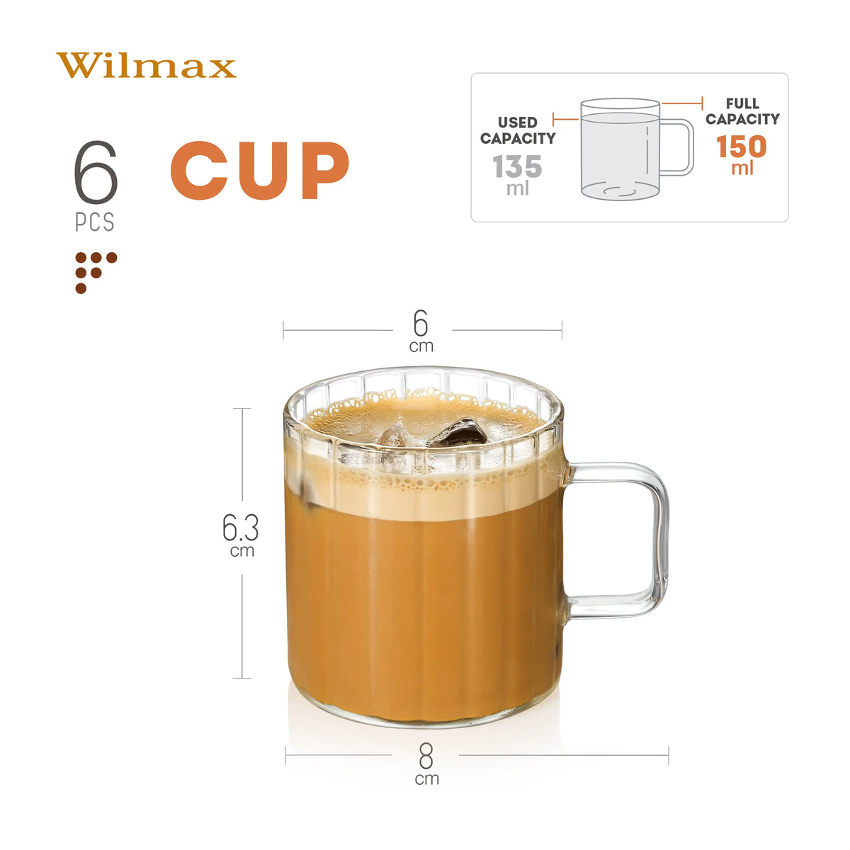 Wilmax Hitzebeständiger Glasbecher mit Henkel 150 ml 6er-Set aus Glas
