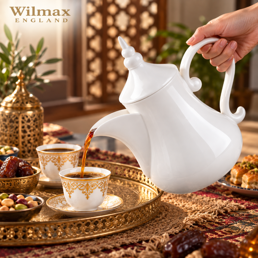 Wilmax Arabische Kaffee- und Teekanne mit integriertem Ausgusssieb 1000 ml Weiß aus Porzellan