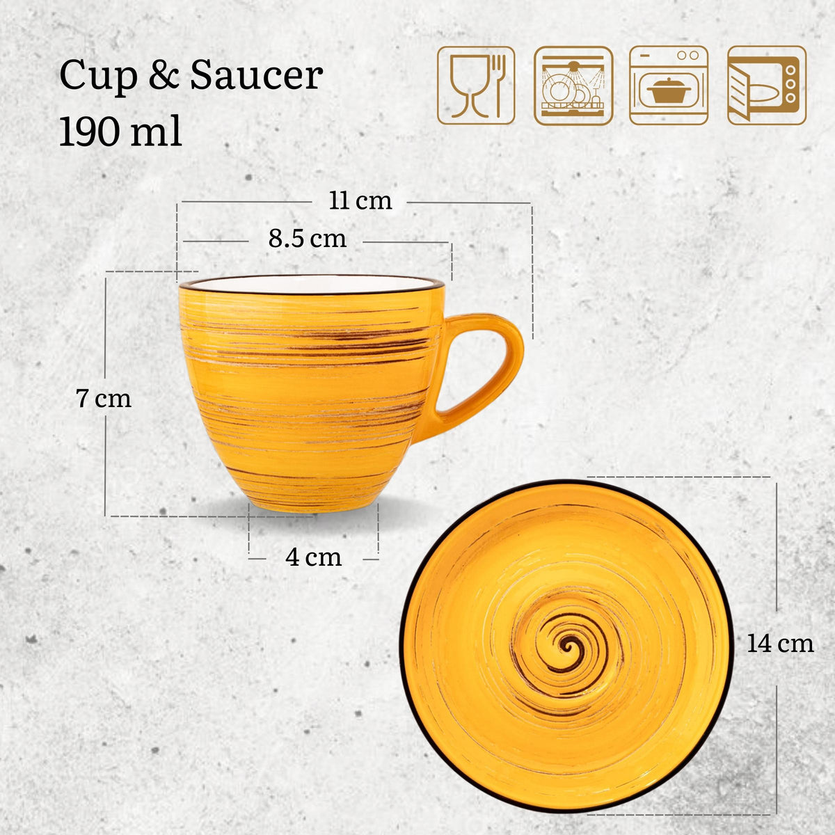 Wilmax Tasse mit Untertasse 190 ml 6er-Set Gelb aus Porzellan