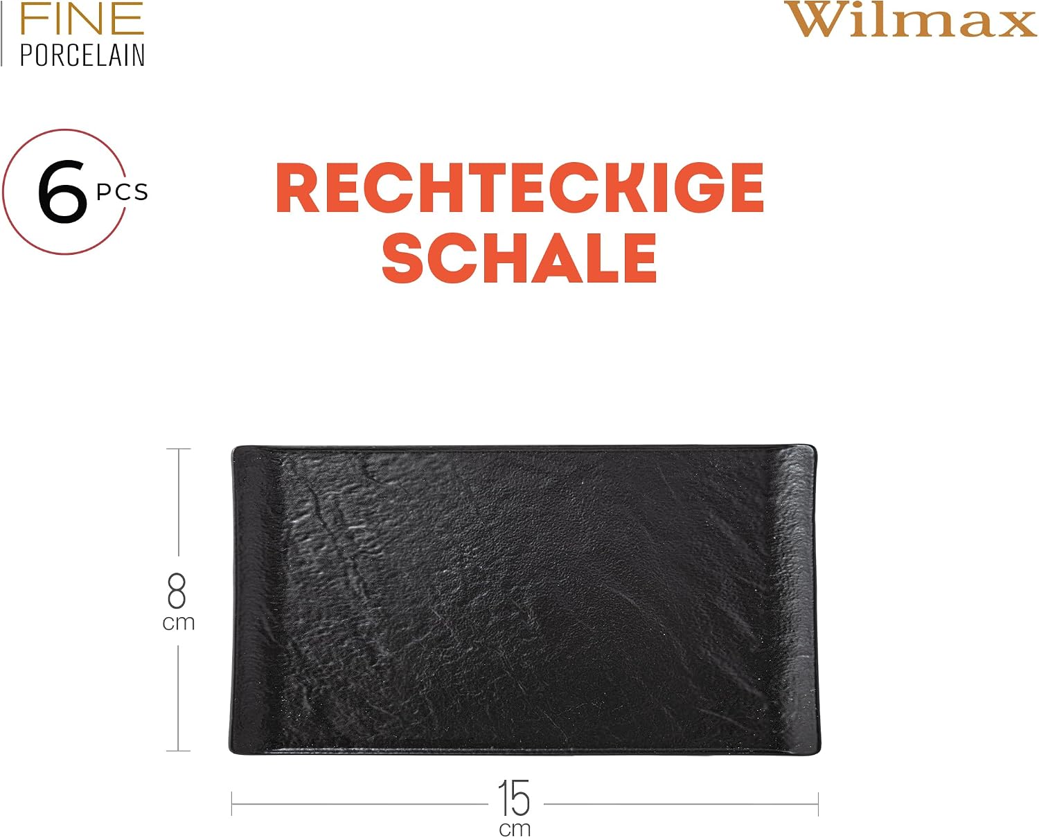 Wilmax Servierplatte 15 × 8 cm 6er-Set Schwarz aus Porzellan