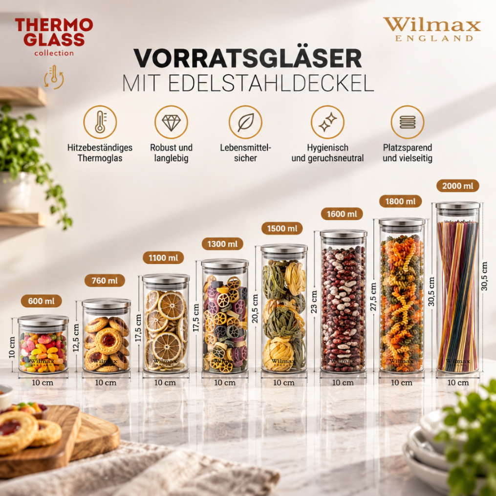 Wilmax Vorratsglas 1800 ml mit Edelstahldeckel Transparent