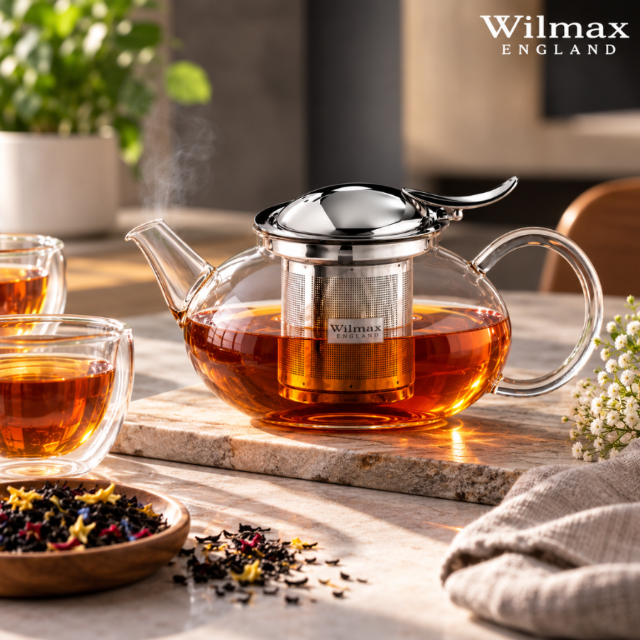 Wilmax Teekanne 650 ml mit Edelstahlfilter Transparent aus Thermoglas
