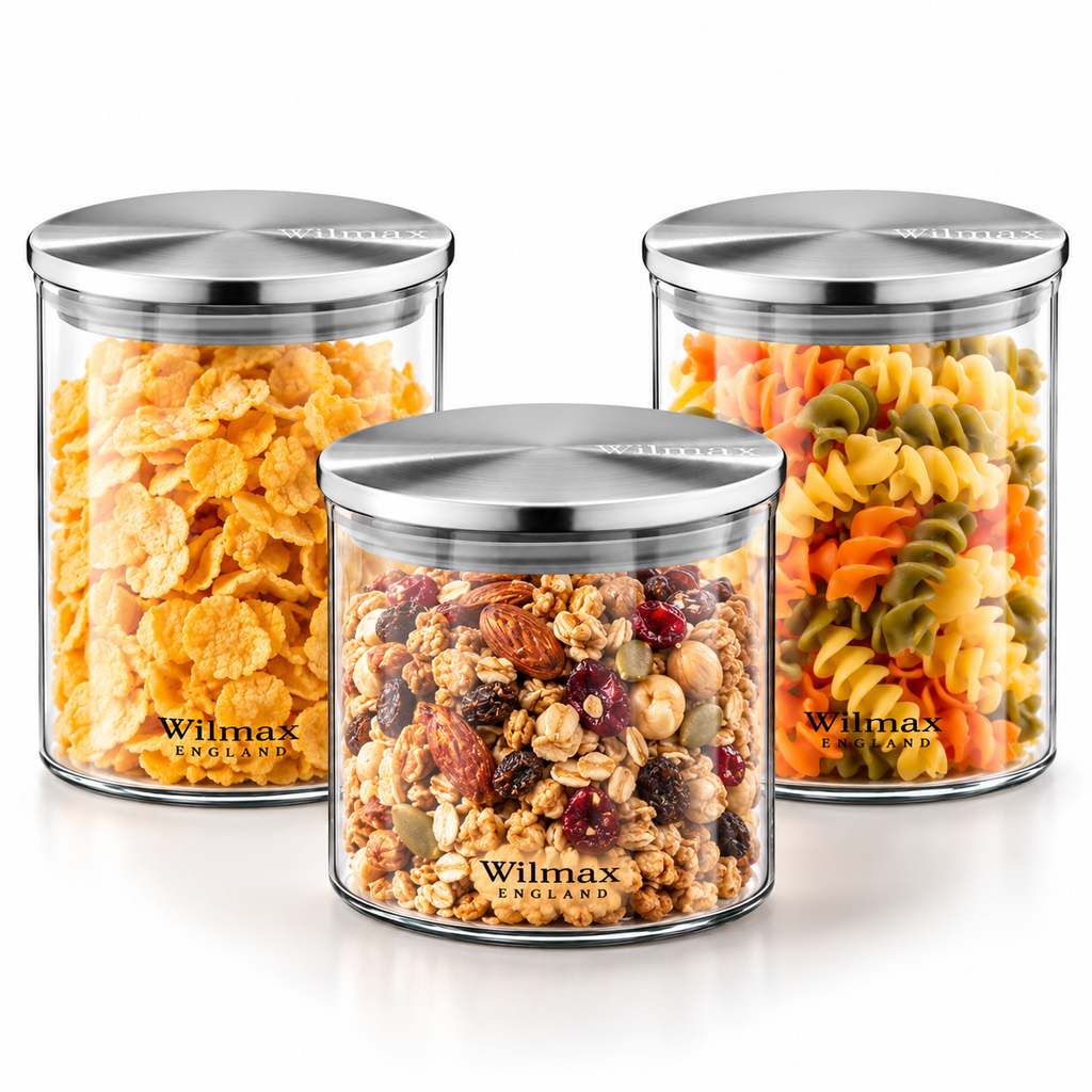 Wilmax Vorratsglas 760 ml mit Edelstahldeckel 3er-Set Transparent
