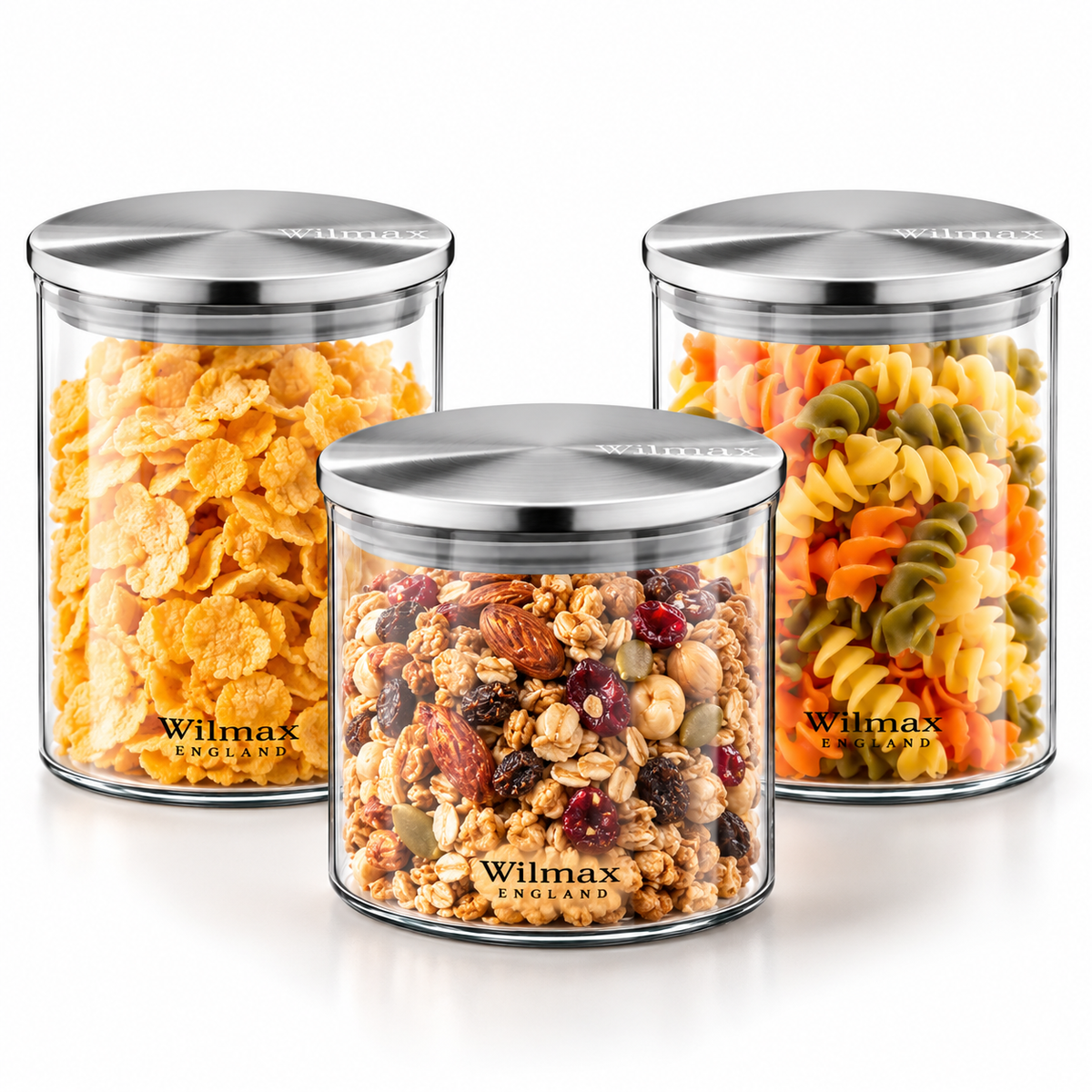 Wilmax Vorratsglas 760 ml mit Edelstahldeckel 3er-Set Transparent
