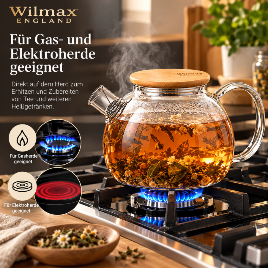 Wilmax Teekanne 1500 ml mit Federfilter und Bambusdeckel Transparent aus Thermoglas