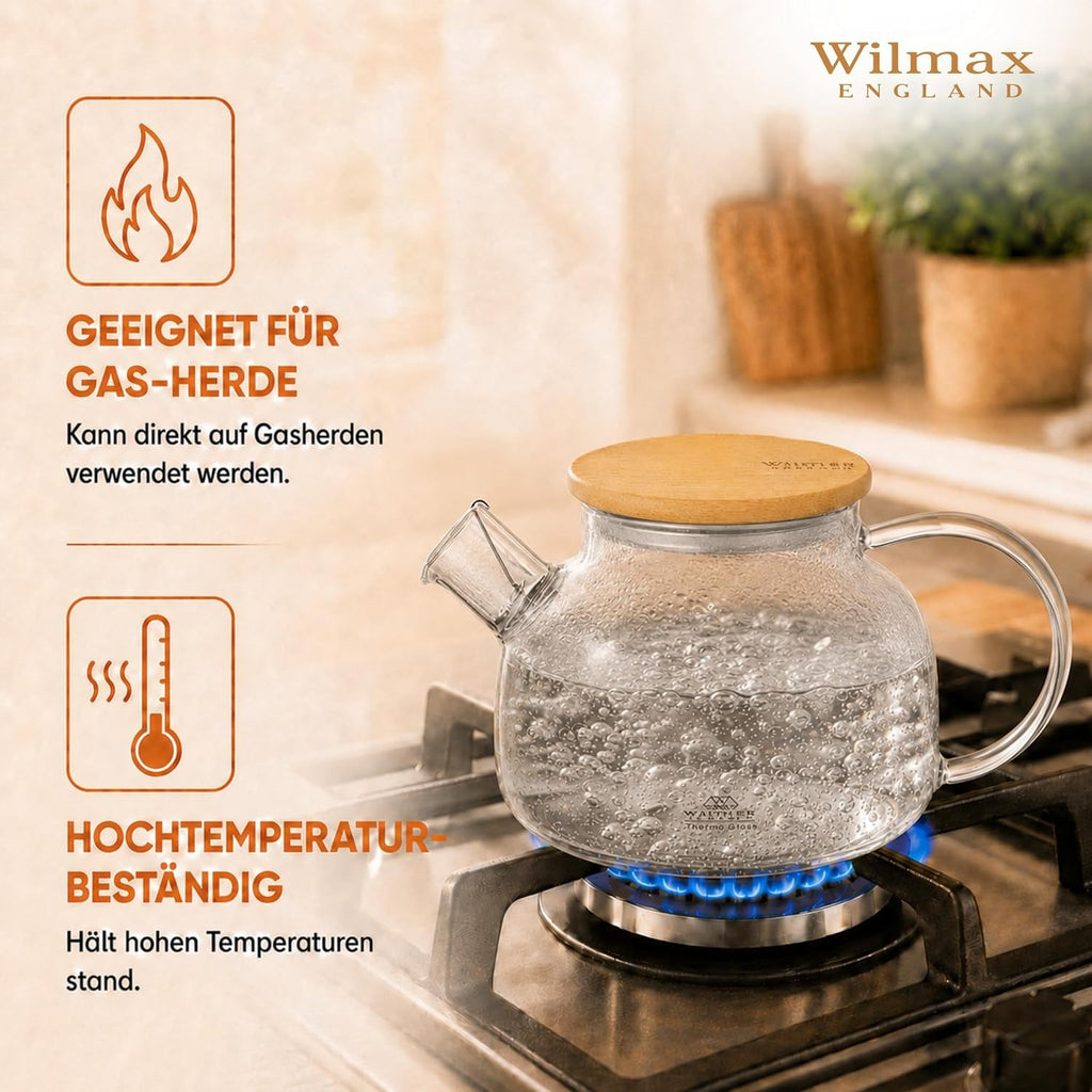 Wilmax Teekanne 950 ml mit Federfilter und Bambusdeckel Transparent aus Thermoglas