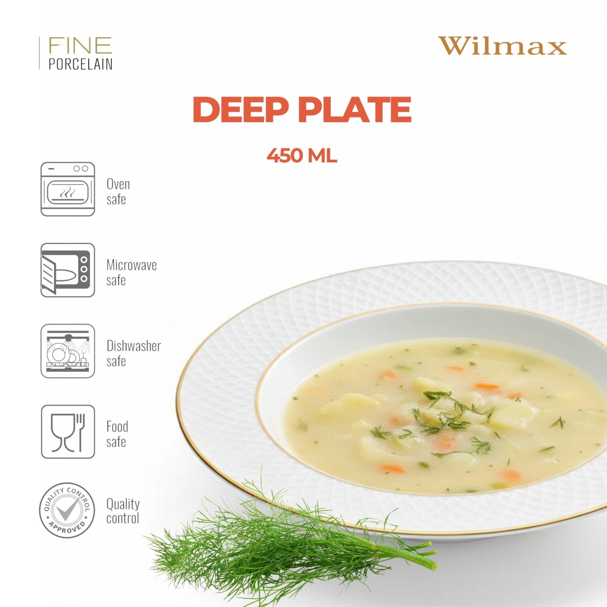 Wilmax Tiefer Teller 22,5 cm Weiß mit Goldrand aus Porzellan