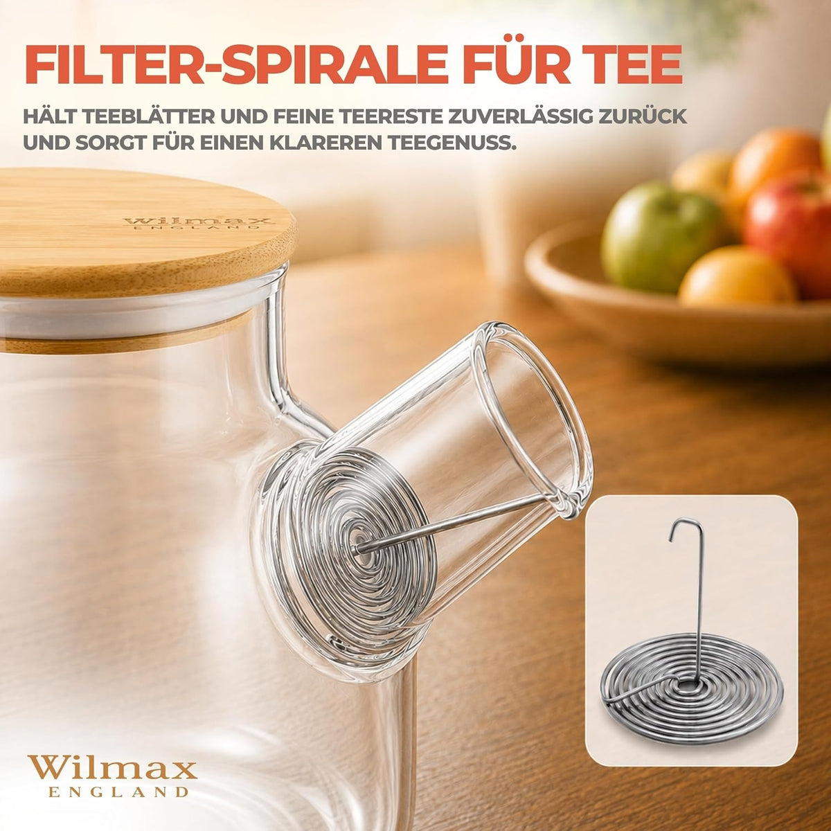 Wilmax Teekanne 950 ml mit Federfilter und Bambusdeckel Transparent aus Thermoglas