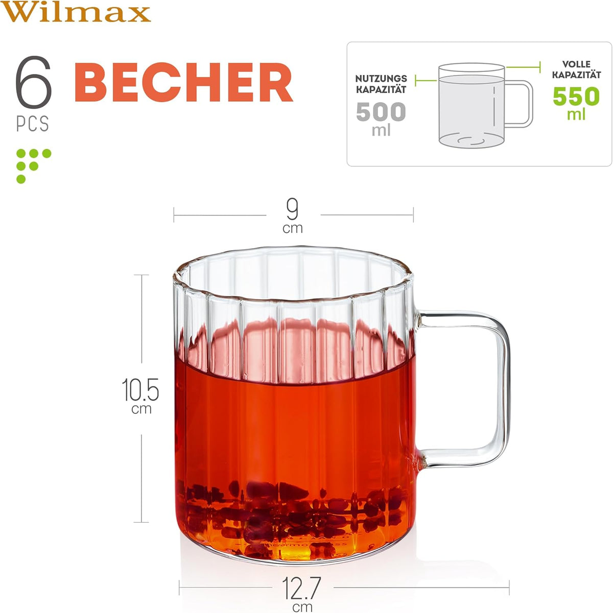 Wilmax Hitzebeständiger Glasbecher mit Henkel 550 ml 6er-Set aus Glas