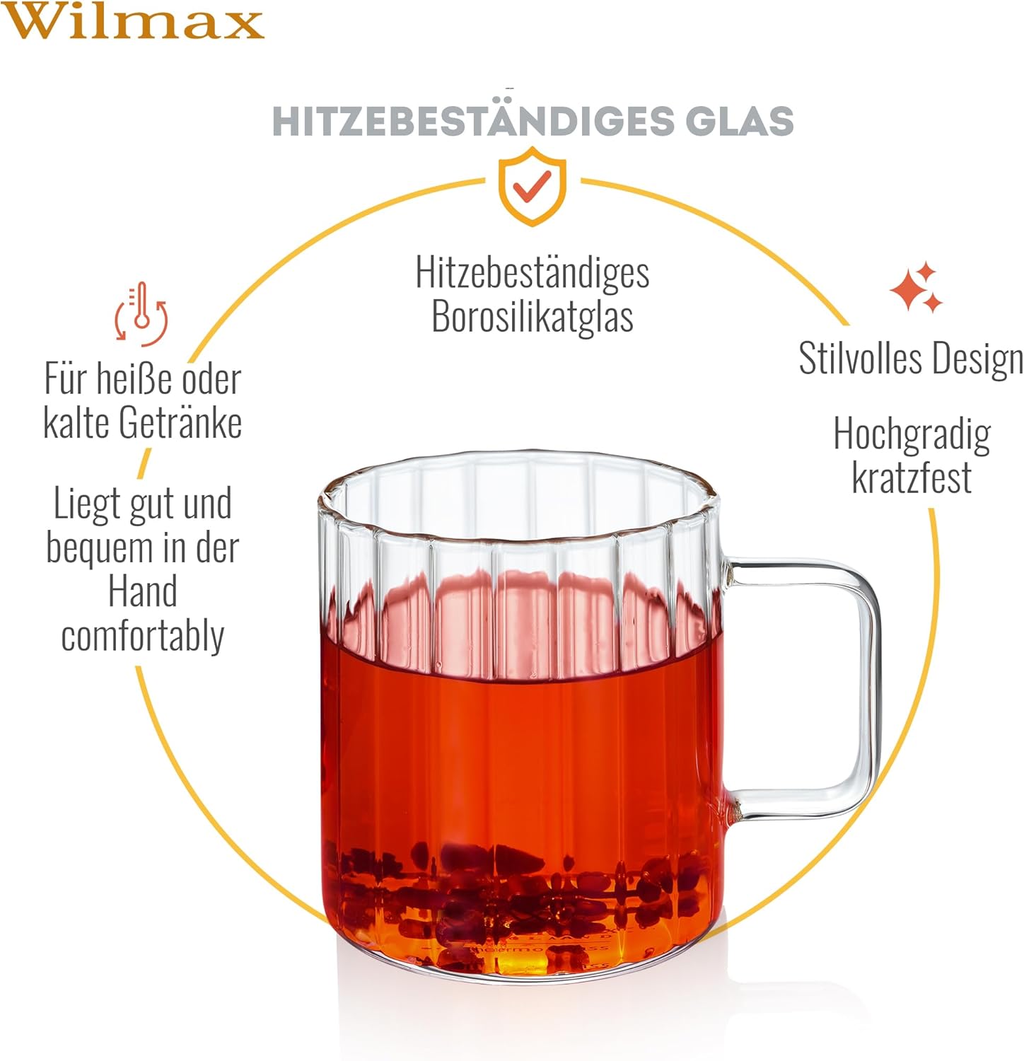 Wilmax Hitzebeständiger Glasbecher mit Henkel 200 ml Transparent aus Glas