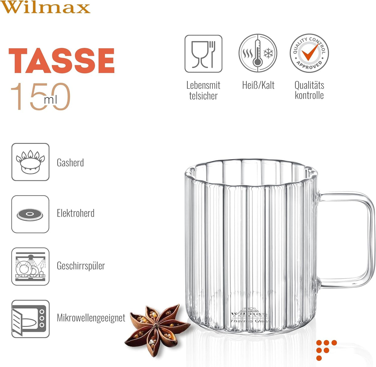 Wilmax Hitzebeständiger Glasbecher mit Henkel 150 ml 6er-Set aus Glas
