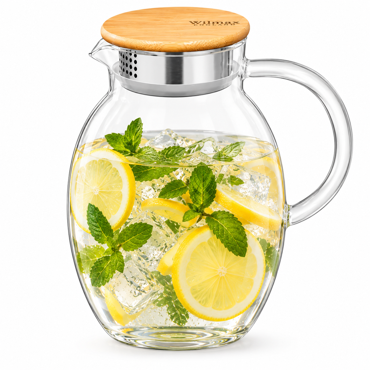 Wilmax Krug 2400 ml mit Bambusdeckel und Filter Transparent aus Thermoglas