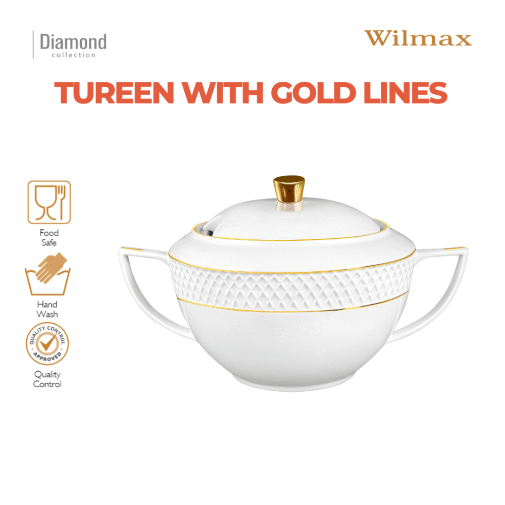 Wilmax Suppenterrine mit Deckel 2800 ml Weiß mit Golddekor aus Porzellan