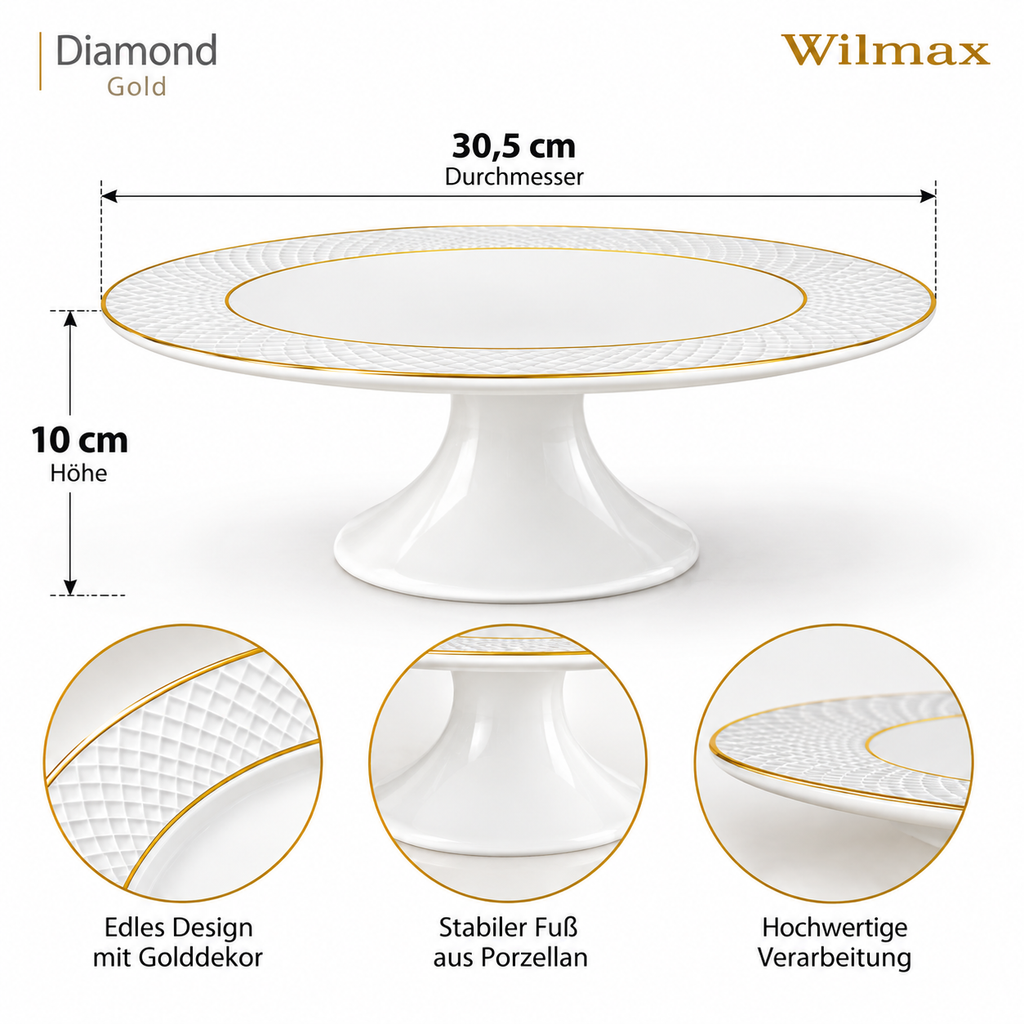 Wilmax Tortenständer 30,5 × 10 cm Weiß mit Golddekor aus Porzellan
