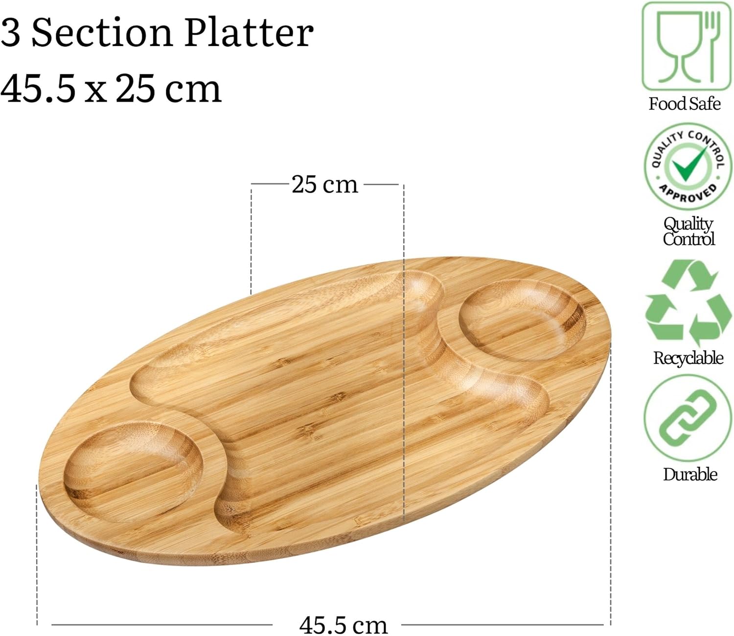 Wilmax Servierplatte mit 3 Fächern 45,5 × 25 cm Natur aus Bambus