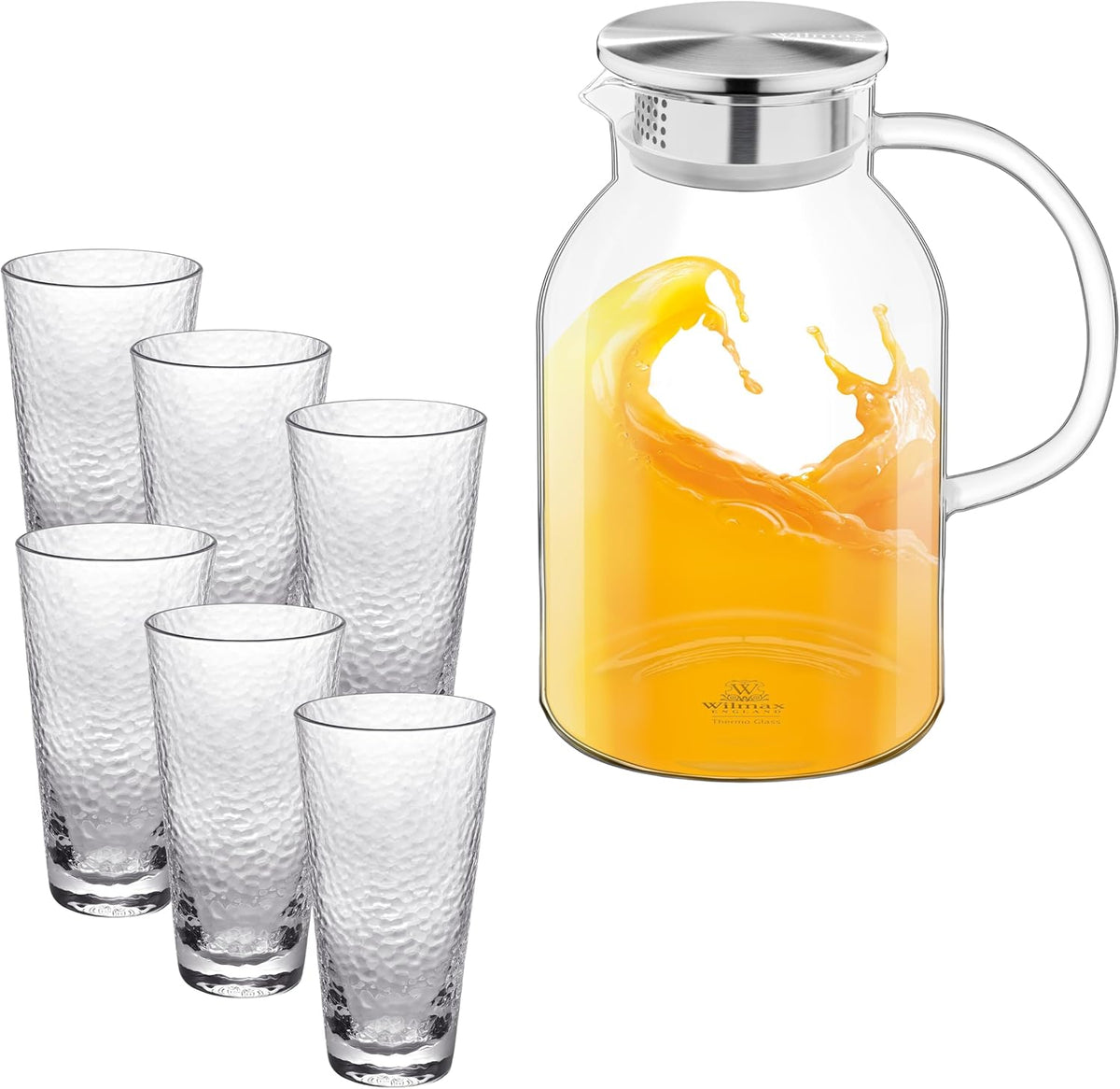 Wilmax Getränkeset 7-teilig mit Krug 2100 ml mit Edelstahldeckel und Filter und 6 gehämmerte Gläser 320 ml