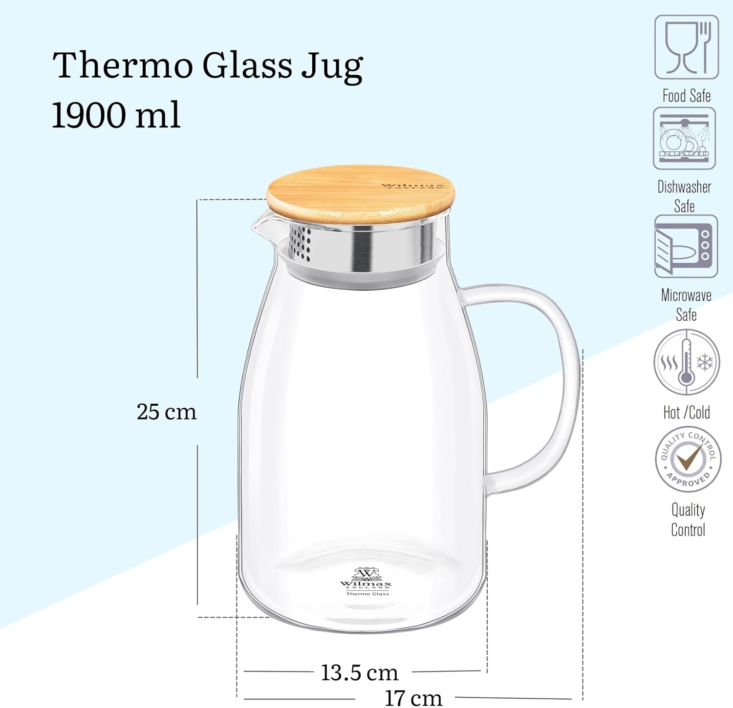 Wilmax Karaffe 1900 ml Thermoglas mit Bambusdeckel Transparent WL-888216/A