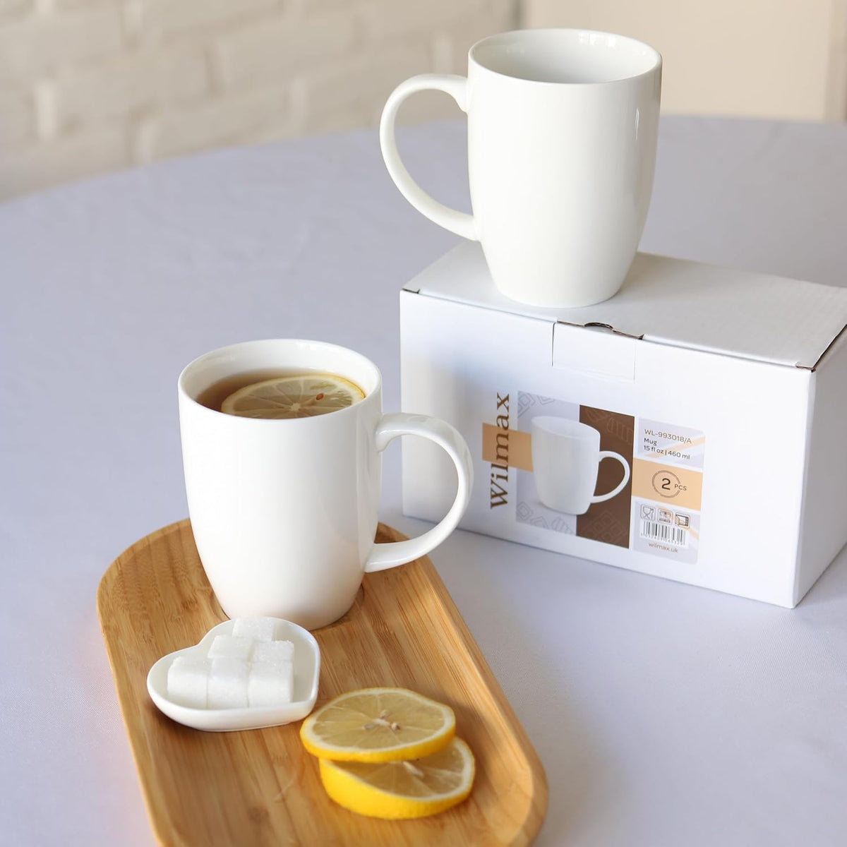Wilmax Servierset 4-teilig mit Bambustellern 30,5 × 15 cm und Porzellanbechern 460 ml